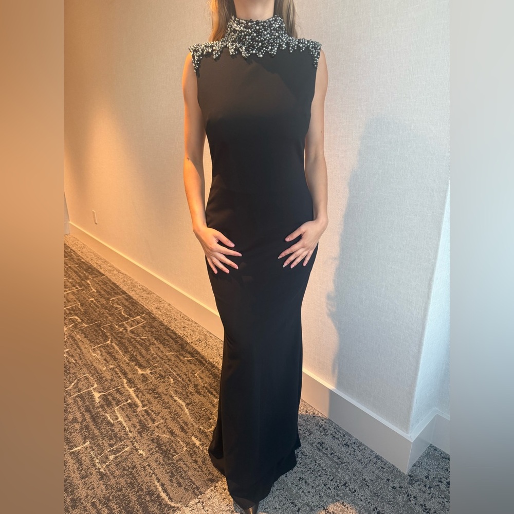 Badgley Mischka Black Maxi Dress with Silver Embellishments